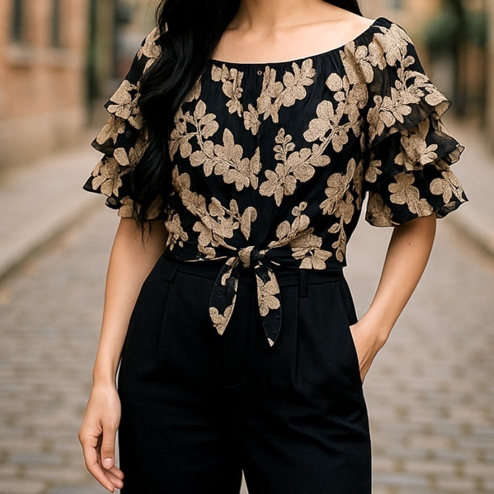 Prelude floral lace exaggerated sleeve blouse s